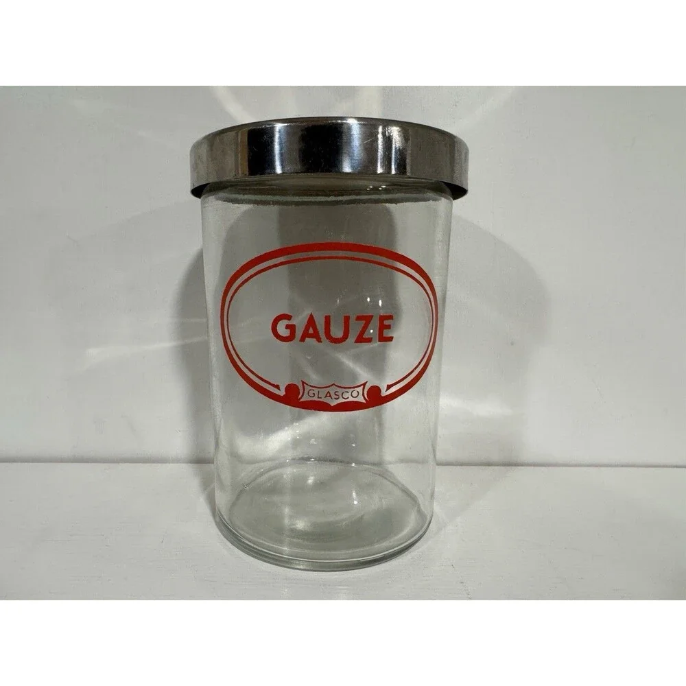 Vintage GLASCO Glass GAUZE Jar Apothecary Medical Canister Stainless Steel Lid